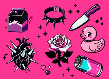 set of emo y2k style stickers on a pink background. vector illustrations of a black heart, a rose, a rubber ducky, a knife and a soda can.