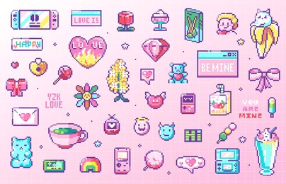 pixel art love, valentine and cute sweets icons. decorative patterns in pink. console, flower, heart card, cupid, animal, lollipop, heart lock, bow, toy, love message in envelope, beverage. y2k design