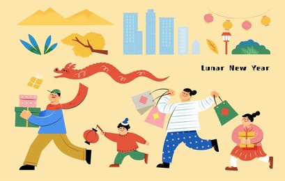 cute cny family shopping element set isolated on light yellow background.