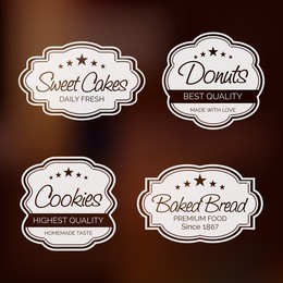 set of four label for sweet cakes, donuts, cookies and baked bread on shiny brown background.