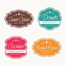 set of four label for sweet cakes, donuts, cookies and baked bread on white background.