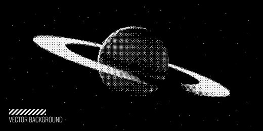 pixel art stylized saturn planet with rings. vintage black space background. universe and space travel concept. minimal 8-bit pixel art style retro sci-fi space vector illustration.