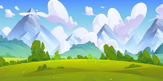 summer natural landscape with green grass, bushes and trees on meadow in foot of high mountains. cartoon vector panoramic scenery with grassland near hills, blue sky with clouds. countryside scene.