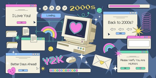 y2k sticker set with retro computer screen, vintage objects and opened dialogue windows, texts, decorative elements, buttons and loading bars. vector illustration.