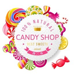 paper candy shop label with type design and nuts