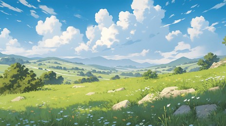 grassy field, wildflowers, beautiful sky, anime style, digital art painting, a beautiful spring landscape