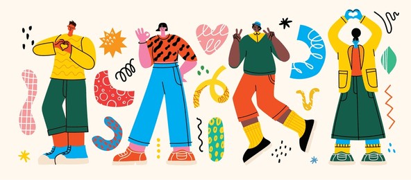 happy positive people. man and woman team gesturing with hands, fingers. love, support, solidarity, ok expressions. flat graphic vector illustration isolated on white background