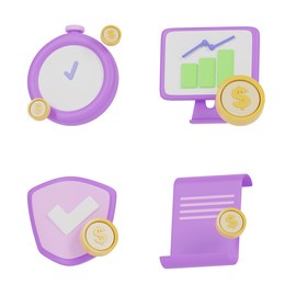 set of 3d simple icon, coins, graph bar, sign or symbol, for website , ux, ui, bisness economic concept, with clipping path, 3d rendering.