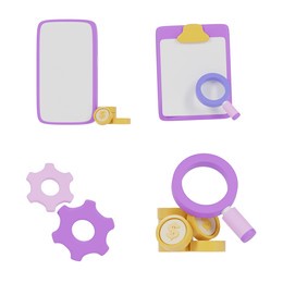 set of 3d simple icon, coins, graph bar, sign or symbol, for website , ux, ui, bisness economic concept, with clipping path, 3d rendering.