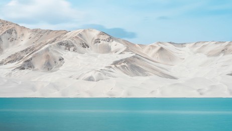 scenery of baisha lake scenic area in pamir plateau, xinjiang, china