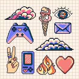 pixelated y2k elements. 8 bit illustrations of game controller, rollers, fire, etc. pixel art 1990s 2000s. vector.