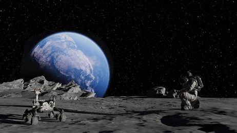 3d illustration. an astronaut is dandying the surface of moon with a probe.