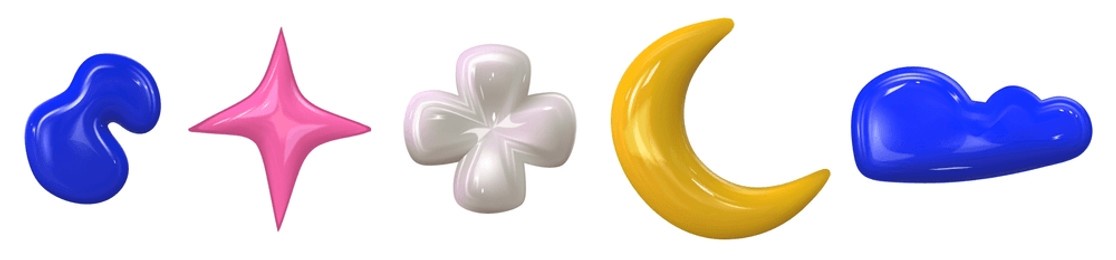 3d set y2k colorful glossy plastic element set. abstract shape plastic render. y2k form moon, star and flower. vector illustration 3d render.