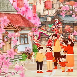 watercolor illustration chinese new year situation. chinese family gathering together to visit other families. street full of cherry.blossom trees and dragon dance crowd