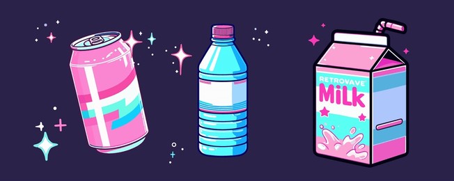 set of anime cartoon style drink stickers on a dark background. soda can, milk carton and water bottle.