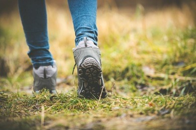 feet in shoes on a forest path