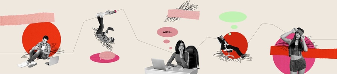 horizontal collage picture of business people working hard in office isolated on drawing background