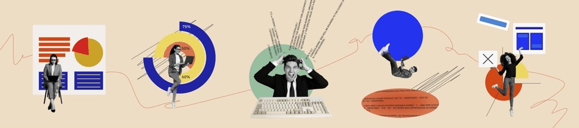 picture collage image of stressed business people analyzing financial statistics isolated on creative painted background