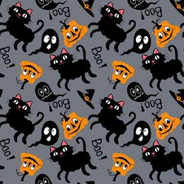halloween cartoon animals seamless cats and pumpkins and ghost pattern for wrapping paper and fabrics and linens and kids clothes print and autumn accessories and festive packaging 
