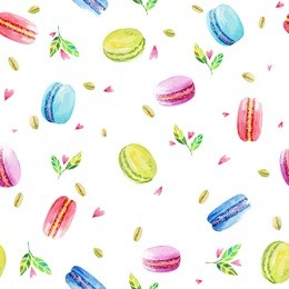 seamless pattern. macaroons cookies, pistachio, mint leaves and pink hearts. watercolor illustration. 
