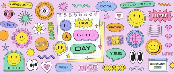cool y2k sticker collage background vector design. trendy pop art patches. vaporwave illustration.