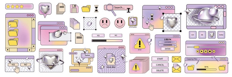 retro computer window sticker set, 90s web old interface vector background frame, pc screen icon. y2k nostalgic dialogue box, user desktop panel pop up vaporwave style. acid retro computer aesthetic