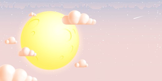 stylized full moon with craters, soft pastel clouds, and twinkling stars in a serene pink sky, 3d vector illustration