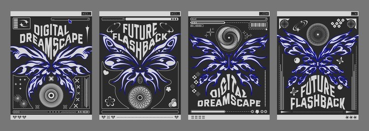 y2k retro poster design template with grey tribal abstract graphic butterfly shape elements on black background, text box and decorative forms. vector set of techno banner layout in 2000s aesthetic.