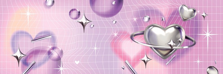 y2k blur gradient heart background, love futuristic vector poster, trendy chrome 3d shapes grid. abstract romantic aesthetic valentine day holiday banner, silver heart, 2000s party. y2k background