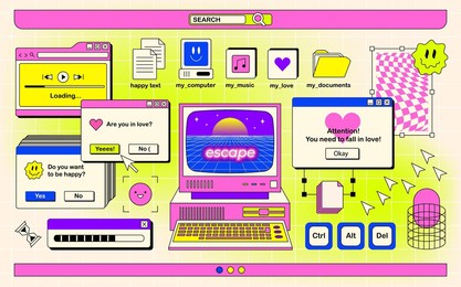 the screen of an old retro pc in the y2k style. retro wave and vaporwave background. bright vintage computer interface