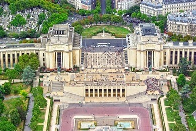 trocadero gardens and the palais de chaillot from eiffel tower, paris.