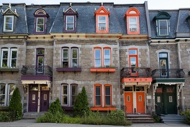brightly coloured town houses in montreal, quebec, canada