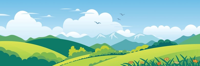 panoramic view of spring landscape, green meadows and hills, vector illustration