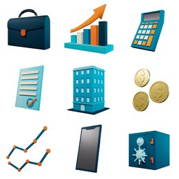 
versatile set of icons to represent various business and business facets, white background, isometric view, 3d illustration