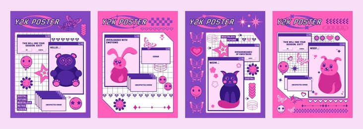 purple and pink y2k retro style poster design template with old computer dialogue windows and simple animal pictures. vintage retrofuturistic banner layout with 2000s aesthetic web interface elements.