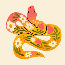 colorful snake with floral ornaments. snake skin with flowers. top view. hand drawn trendy illustration. cute bright reptile. poster, print, card, design template