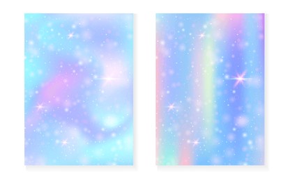princess background with kawaii rainbow gradient. magic unicorn hologram. holographic fairy set. mystical fantasy cover. princess background with sparkles and stars for cute girl party invitation.