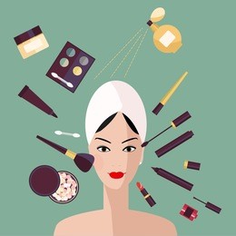 vector cosmetics set in flat style. flat icon set of cosmetics product. vector flat design of make up. vector flat design of make up procedure. make up. make up elements. make up vector details. 