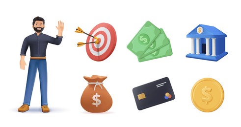 business 3d icon set. business target, coin, money bag, credit card, money, bank, businessman. render objects isolated on white. collection of financial investment ui illustrations