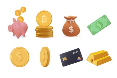 money icons collection 3d icons set. 3d cartoon piggy bank, dollar, cash bag, credit card, stacks of coins, and coins in different angles. financial collection of ui icons