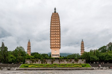 view of three pagodas of chongsheng temple, dali city, yunnan province, china.