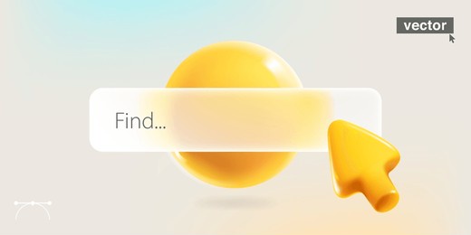 search bar template for website and app in glassmorphism style. navigation search bar for browser. realistic 3d arrow, cursor with glossy sphere icon. vector illustration in cartoon style with text. 