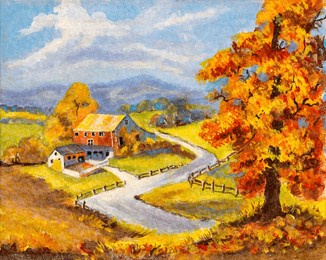 naive style painting depicting a country farm house in the middle of grass fields surrounded by trees and a wooden fence.