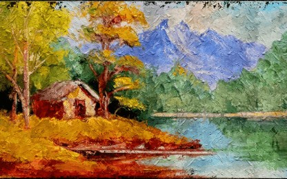 fragment of vintage oil painting depicting a small cabin house near a lake and woods.