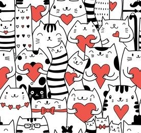 cats with hearts seamless pattern