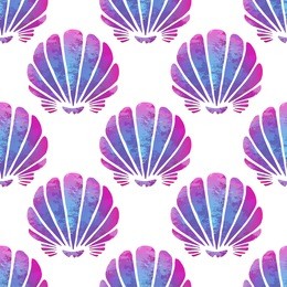 seamless pattern with watercolor sea shells on white background 