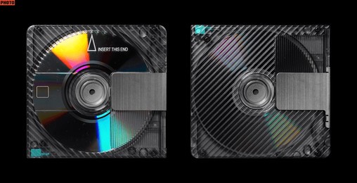 minidisc front and back isolated on black. minidisc mockup