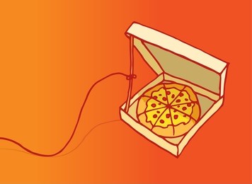 cartoon illustration of a stick trap on a pizza box 
