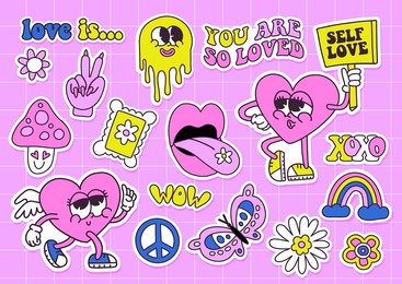 trendy groovy valentines day sticker set with heart characters. retro valentines day. neon 90s aesthetics. vintage comic vector.