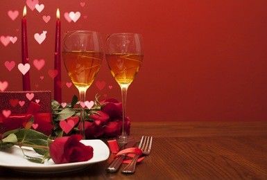 romantic dinner with hearts. table place setting for valentine's day